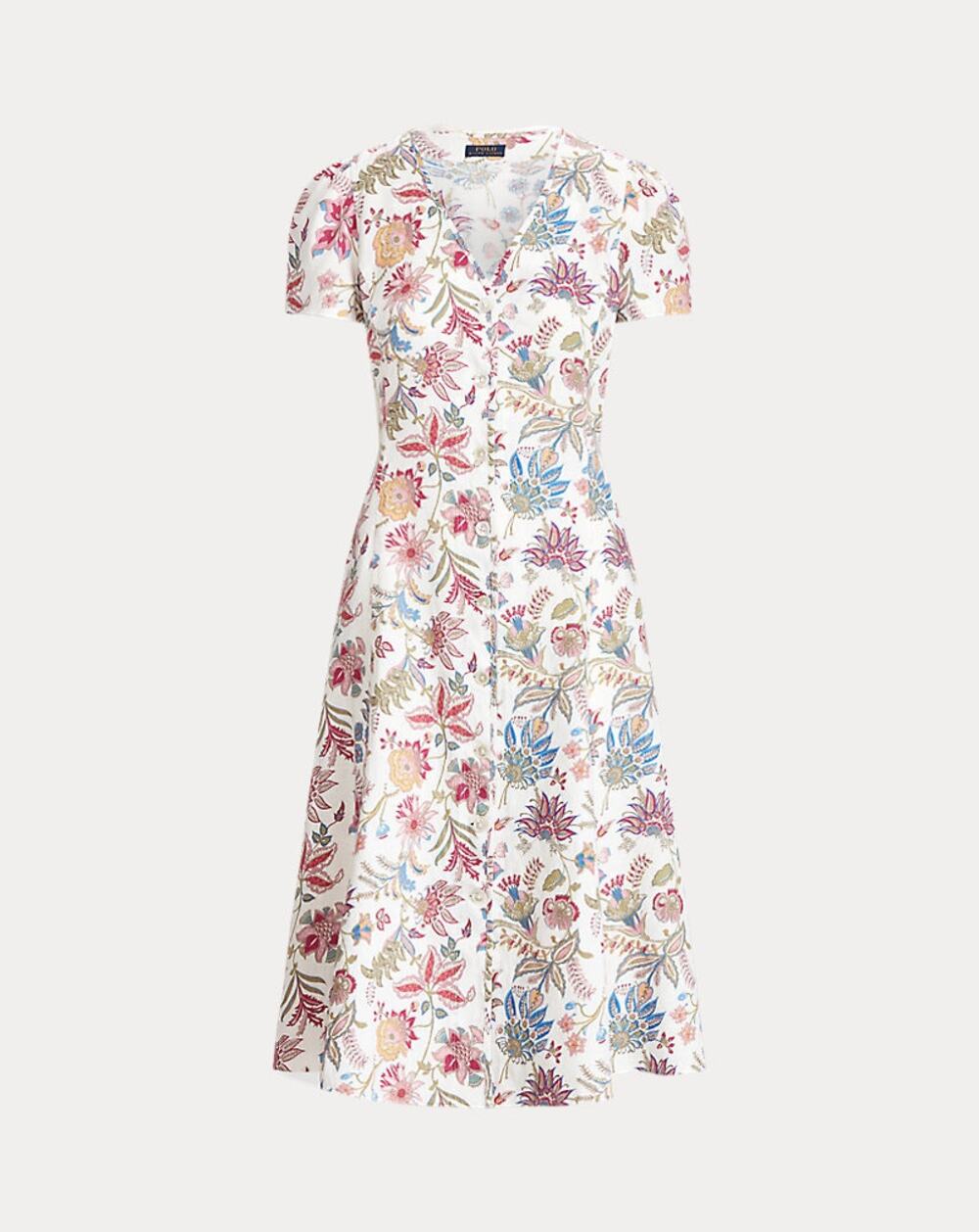 Polo Ralph Lauren Floral Linen V-Neck Midi Dress Tie Belt Pockets Sz 16 A-Line